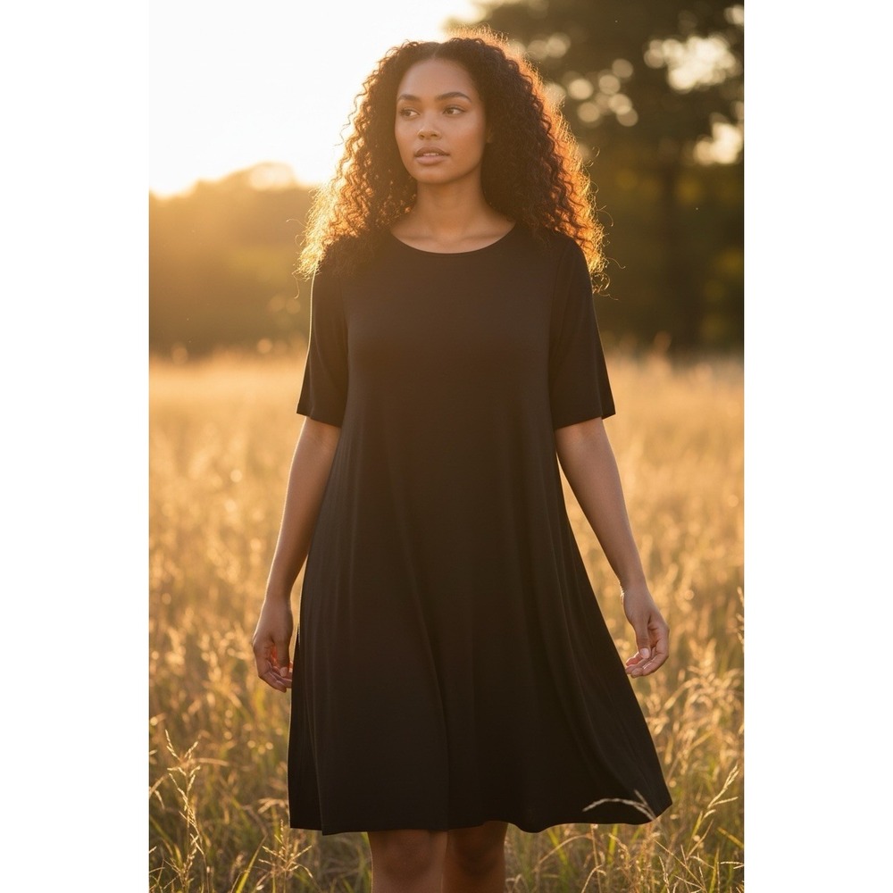 Eileen Fisher 3X Black Stretch Viscose Jersey Short Sleeve Swing Dress Tunic XL